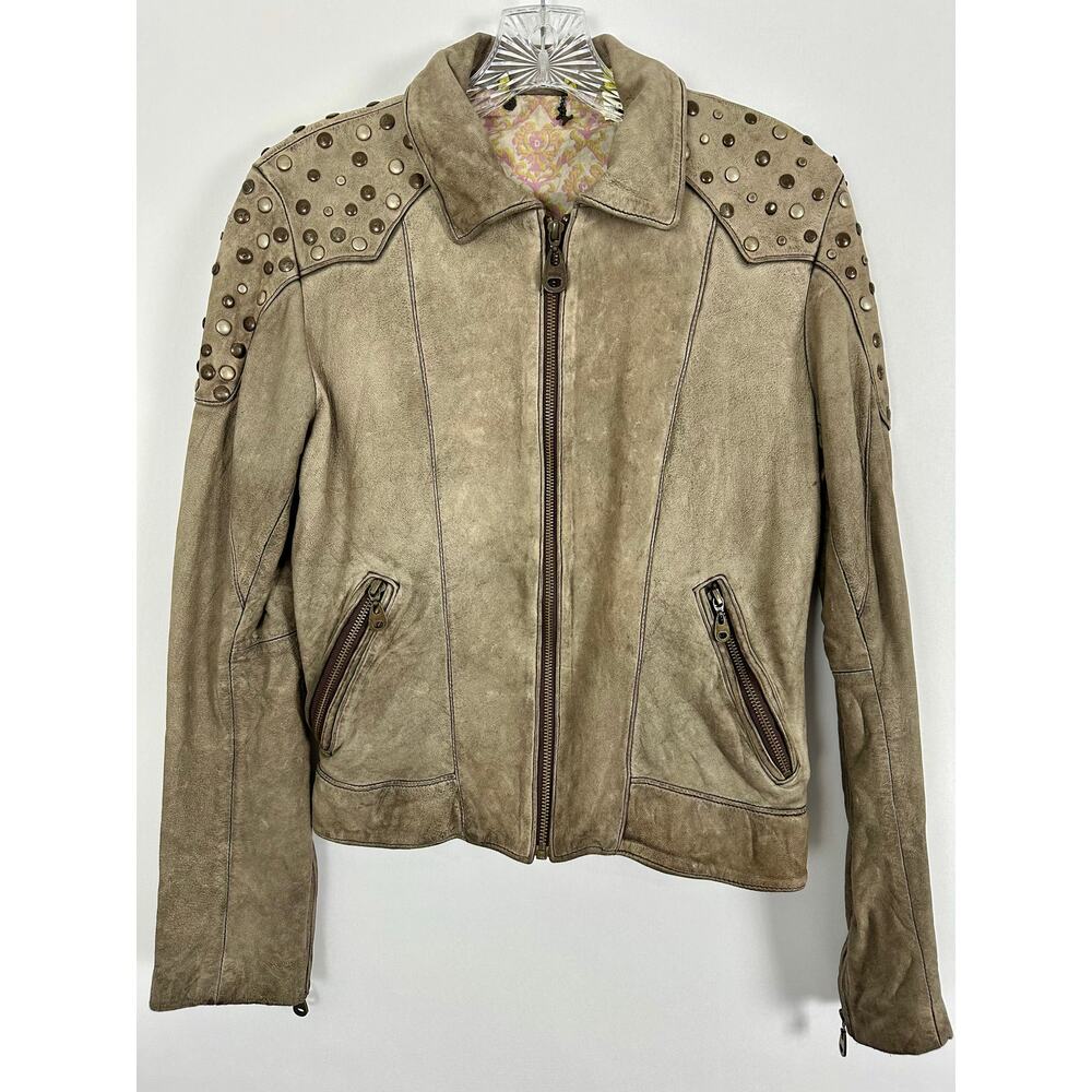 DOMA Lambskin Leather Moto Jacket Studded Biker Tan Distressed Argentina Small